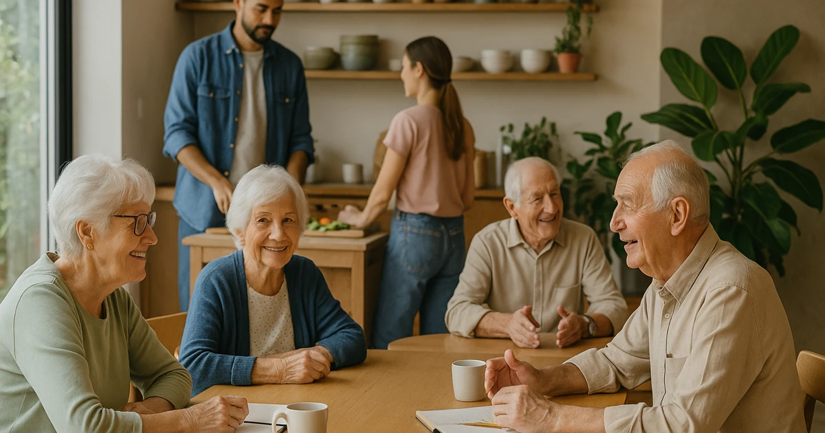 Comunidad intergeneracional compartiendo mesa y cocina en entorno sostenible