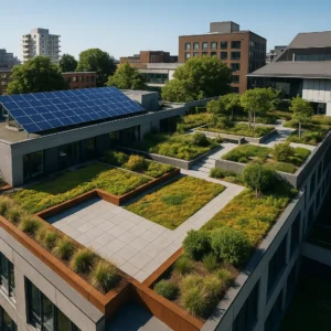 Vista aérea de una cubierta ajardinada con paneles solares en un edificio moderno