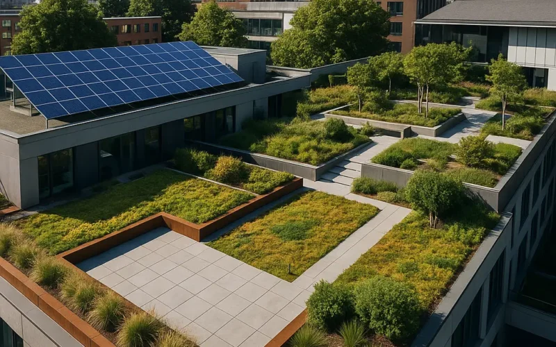 Vista aérea de una cubierta ajardinada con paneles solares en un edificio moderno