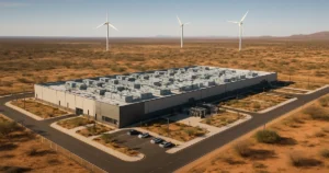 vista panorámica de datacenter en región semiárida con torres eólicas