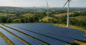 Vista aérea realista de paneles solares y turbinas eólicas en un paisaje rural de América Latina