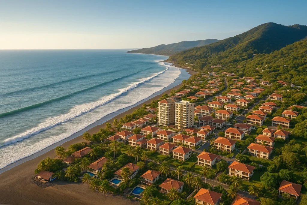 Vista aérea de viviendas modernas en Surf City, ideal para invertir en vivienda en El Salvador en 2026