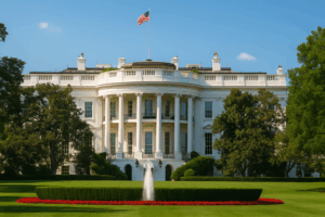 Vista frontal de La Casa Blanca, actual residencia de Donald Trump en 2025