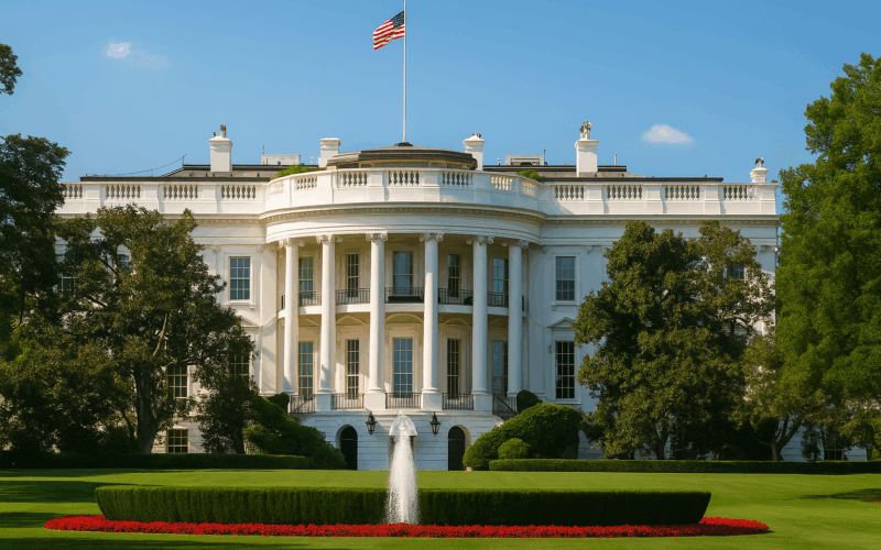 Vista frontal de La Casa Blanca, actual residencia de Donald Trump en 2025