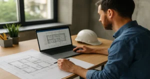 Arquitecto revisando planos digitales en trámite de licencia exprés de construcción en LATAM