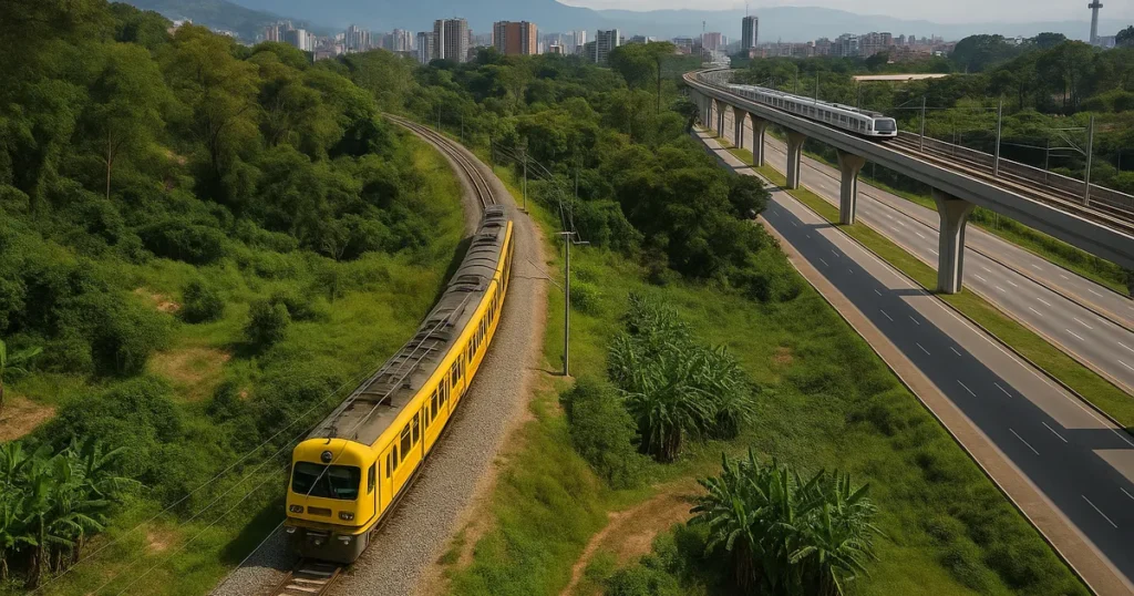 Tren moderno y viaducto elevado en entorno verde urbano de Latinoamérica