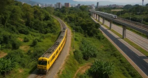 Tren moderno y viaducto elevado en entorno verde urbano de Latinoamérica