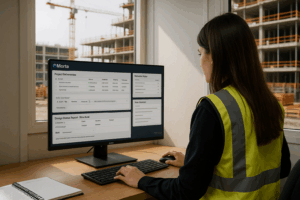 Técnica de obra trabajando en oficina con Morta aplicando reglas BIM