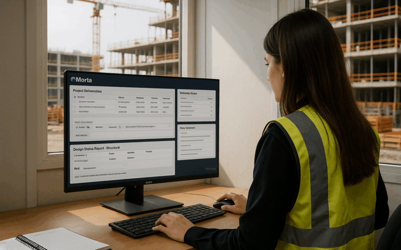 Técnica de obra trabajando en oficina con Morta aplicando reglas BIM