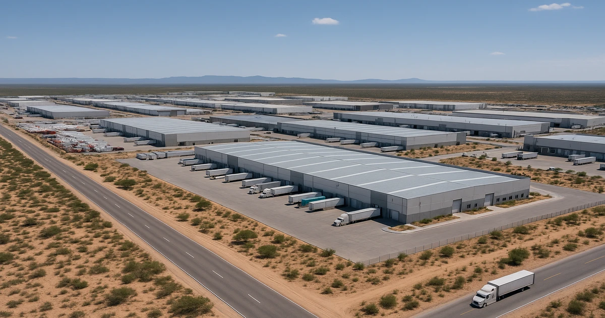 Vista aérea de un parque industrial moderno en México con entorno desértico