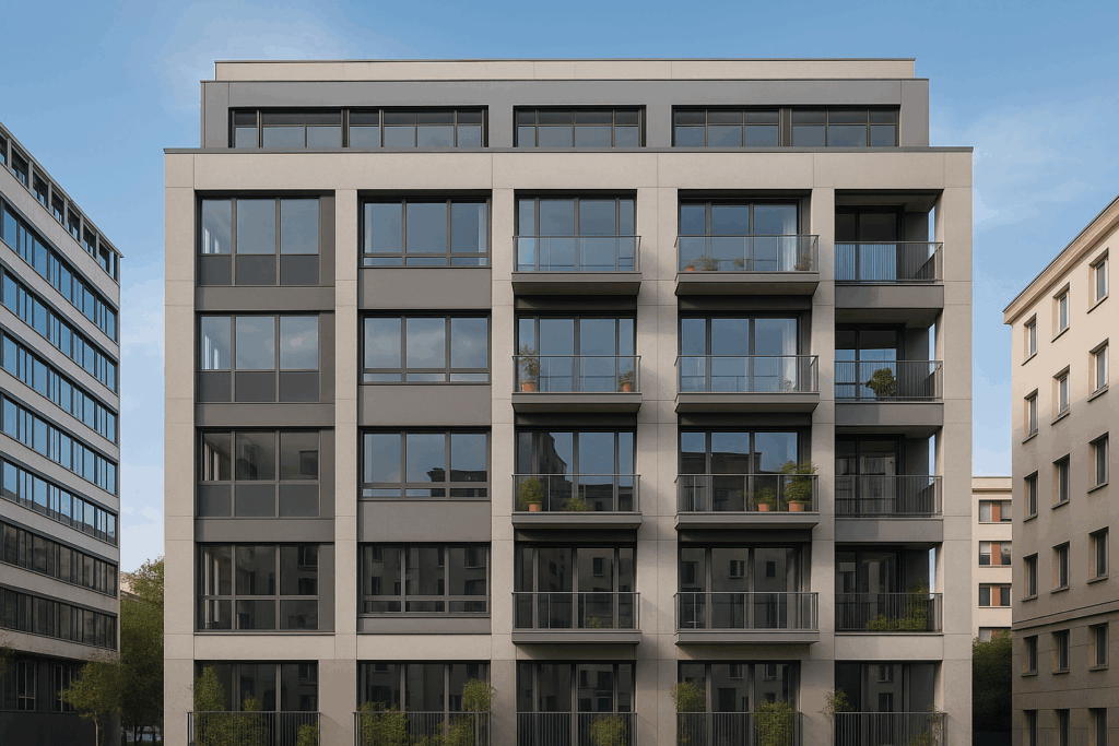 Fachada de edificio moderno de oficinas convertido en viviendas con balcones y zonas verdes