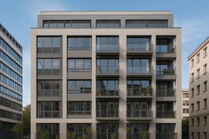 Fachada de edificio moderno de oficinas convertido en viviendas con balcones y zonas verdes