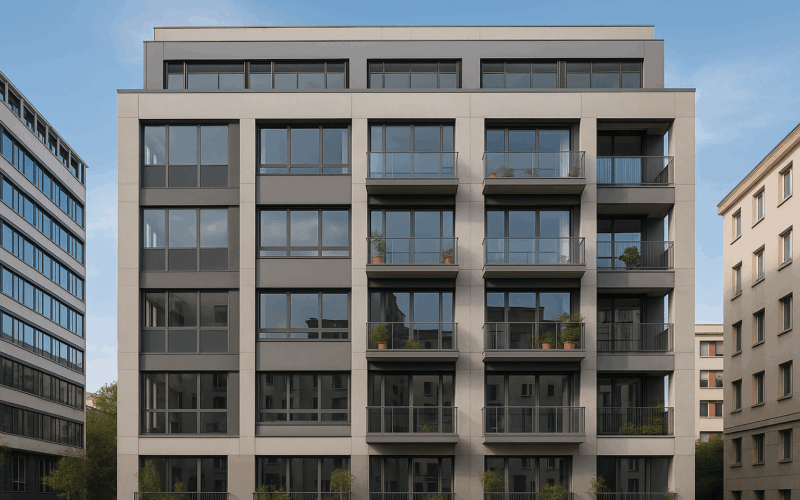 Fachada de edificio moderno de oficinas convertido en viviendas con balcones y zonas verdes