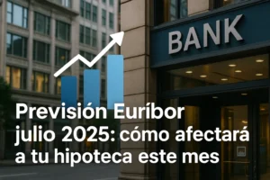 Gráfico sobre la previsión del Euríbor en julio de 2025 con edificio bancario al fondo