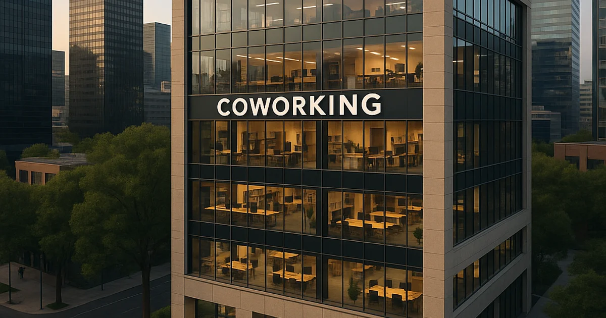 Fachada de edificio reconvertido en coworking en América Latina, imagen realista