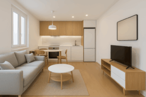 Salón cocina de piso pequeño reformado para alquilar con distribución óptima