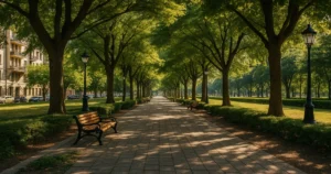 Refugio climático urbano en Latinoamérica con sombra natural y vegetación