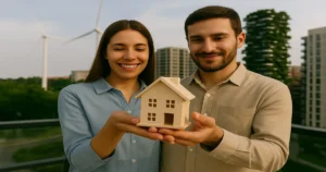 Pareja joven sostiene maqueta de vivienda simbolizando los beneficios de los subsidios y créditos verdes en LATAM