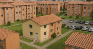 Conjunto de viviendas de interés social en Colombia, representando los subsidios 2025 de Cafam, Colsubsidio y Compensar.