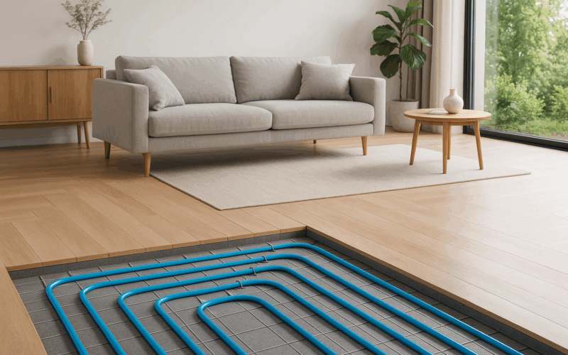 suelo radiante refrescante en salón moderno