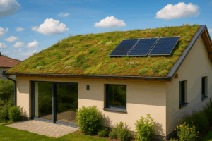 Techo verde con vegetación y paneles solares en vivienda unifamiliar