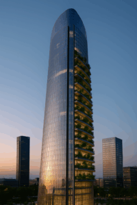 Torre Foster Madrid al atardecer con terrazas verdes integradas