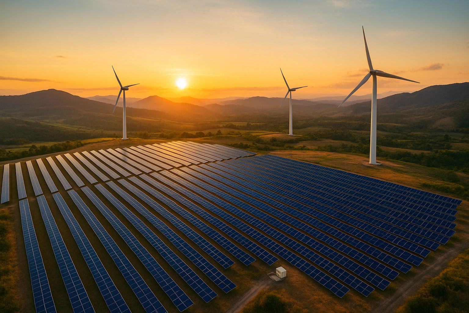Transición energética en Latinoamérica con parque solar y eólico al atardecer
