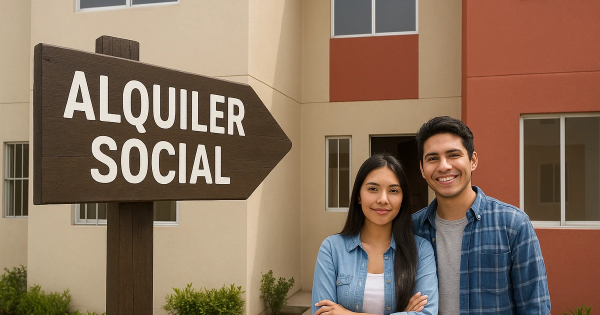 Pareja joven frente a vivienda de alquiler social en Perú