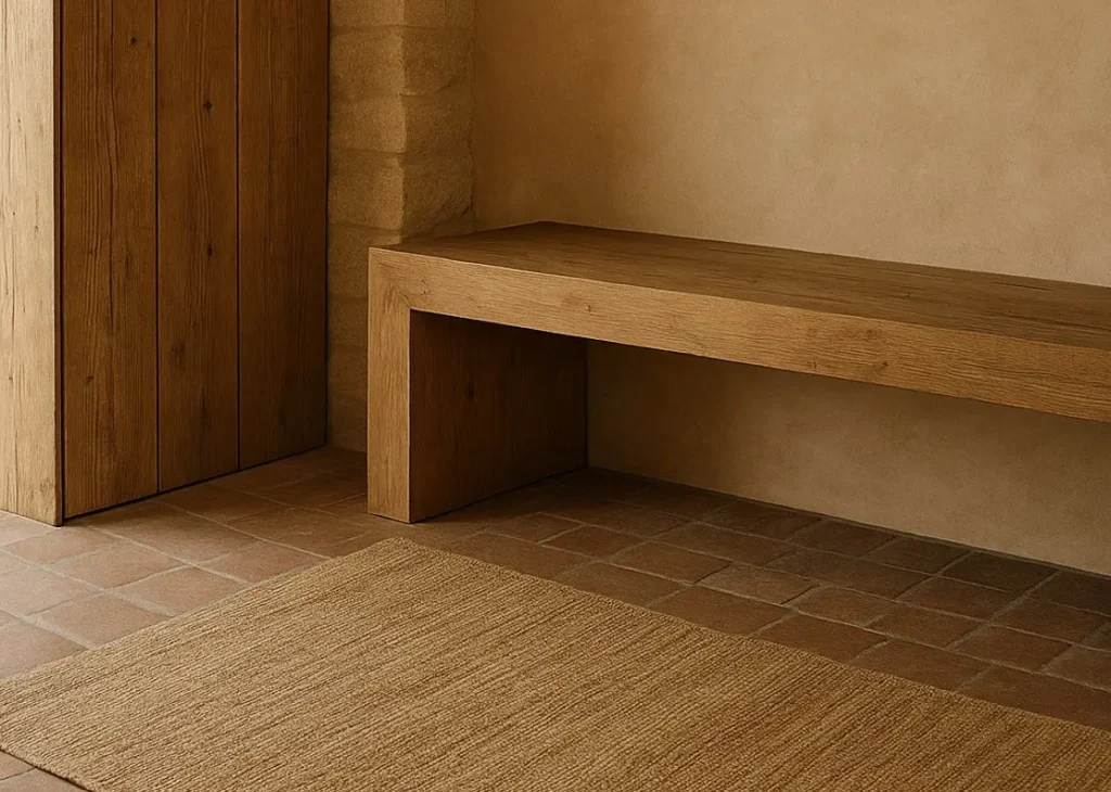 Banco de madera apoyado en pared de yeso natural y muro de piedra sobre suelo de barro cocido y alfombra de yute