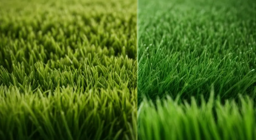 Comparación entre césped artificial y césped natural vista en detalle.