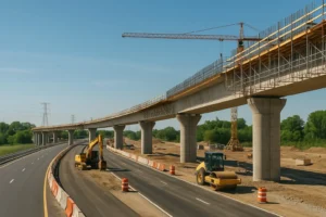 Obras de construcción de una autopista con excavadora, compactadora y puente elevado en proceso