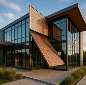 Fachada retráctil de cobre en edificio moderno con paneles perforados y ventanales de vidrio