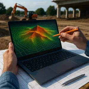 Técnico revisando un Modelo Digital del Terreno en un portátil con obra en segundo plano.
