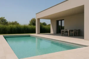 Piscina rectangular junto a terraza cubierta de una casa moderna, rodeada de vegetación