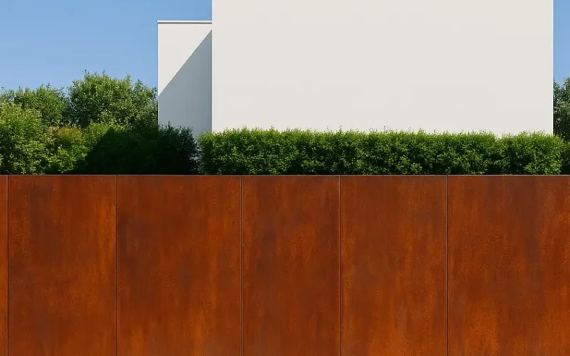 Valla de acero corten en vivienda unifamiliar minimalista
