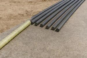 Detalle comparativo de varillas GFRP y varillas de acero corrugado sobre superficie de hormigón en obra.