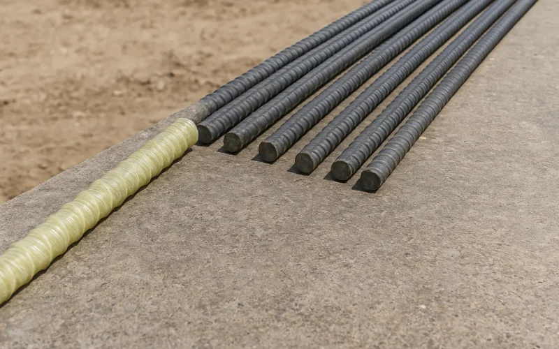 Detalle comparativo de varillas GFRP y varillas de acero corrugado sobre superficie de hormigón en obra.