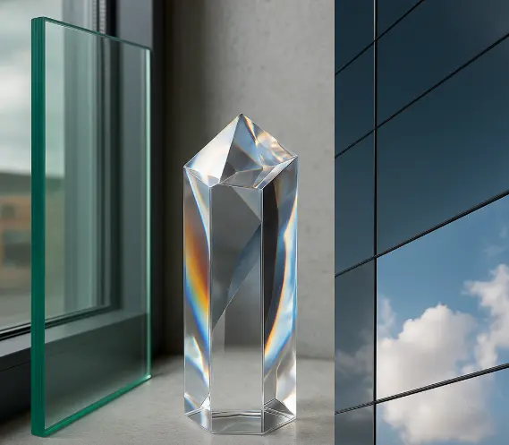 Panel de vidrio, pieza de cristal y fachada espejada representando sus diferencias en la construcción