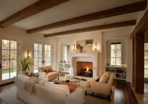 Interior de casa con vigas de imitación madera en techo