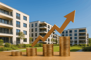 Imagen de edificios residenciales modernos representando el alojamiento flexible en España con un motivo visual de inversión