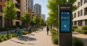 Fotografía digital realista de un barrio inteligente en LATAM con personas caminando y en bici junto a un tótem urbano