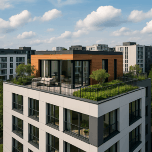 Casa en la azotea en un edificio moderno con terraza verde