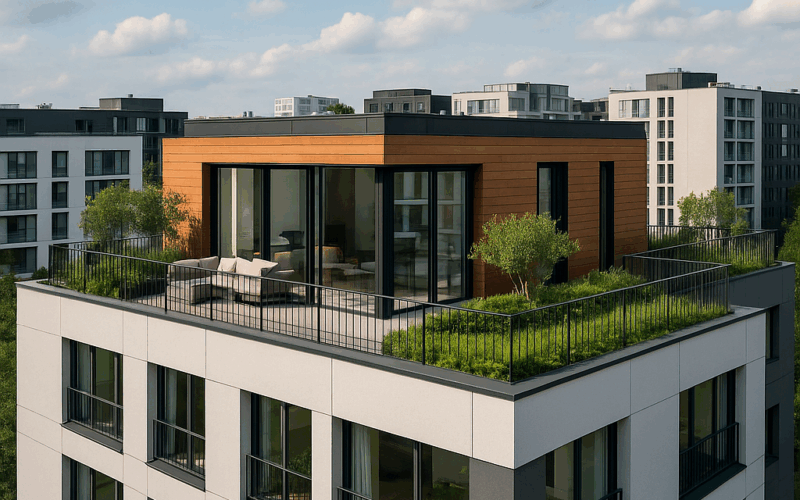 Casa en la azotea en un edificio moderno con terraza verde