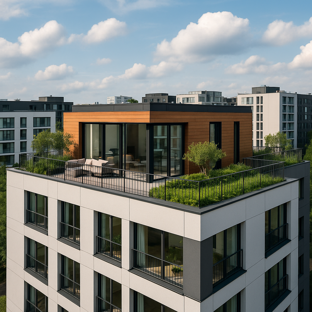 Casa en la azotea en un edificio moderno con terraza verde