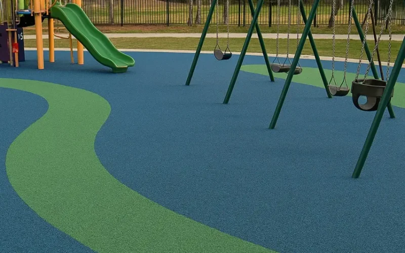 Pavimento de caucho reciclado azul y verde en un parque infantil con columpios y tobogán