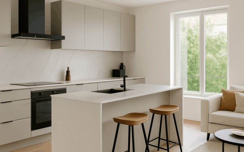 Cocina integrada en el salón con isla central y diseño moderno