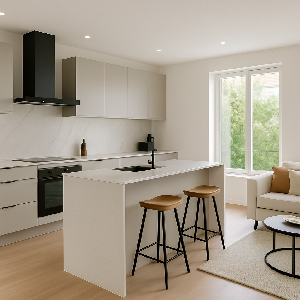 Cocina integrada en el salón con isla central y diseño moderno