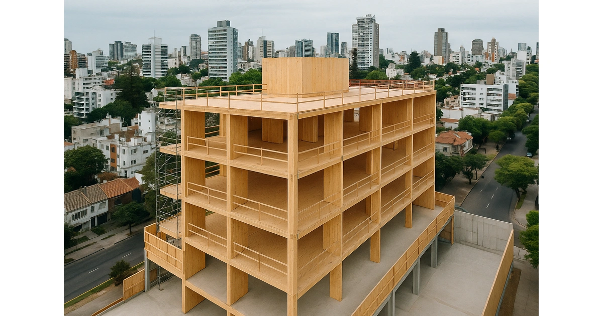 Edificio de madera estructural Mass Timber en construcción en ciudad latinoamericana
