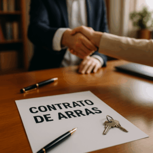 Pareja estrechándose la mano en la firma del contrato de arras para la compraventa de una vivienda