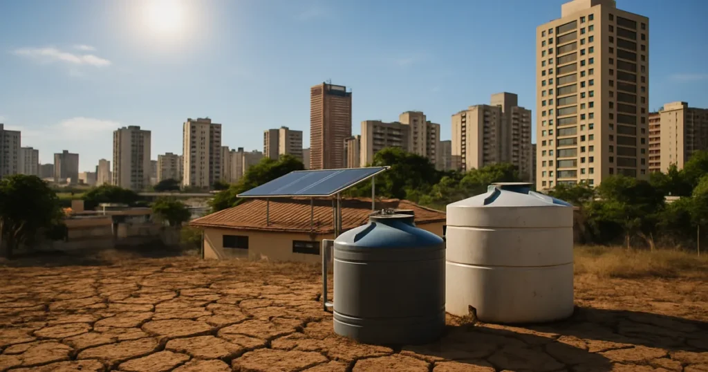 Ciudad con escasez de agua, depósitos pluviales y suelo agrietado por sequía